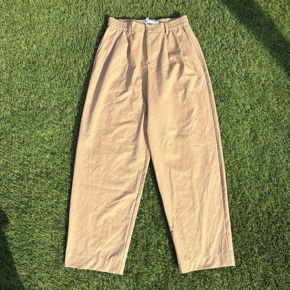 MNML Mens Small Tan Pleated Trousers Elastic Waist Khaki Straight Leg Relaxed